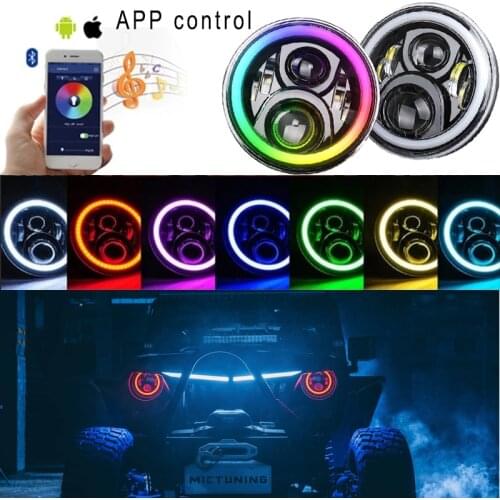 7 inch Round Led Headlight Bluetooth App Control With RGB Halo White Fit For Jeep-Wrangler TJ JK High and low beam Fog Light