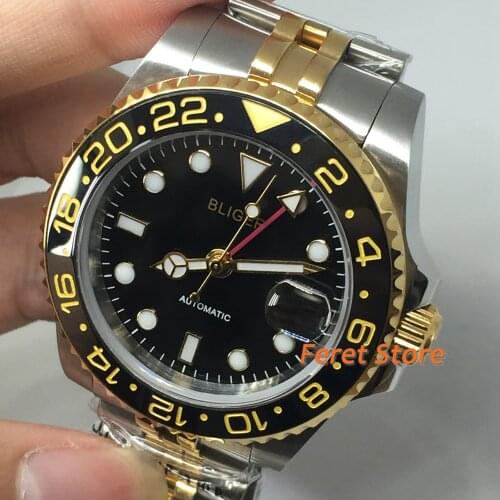 BLIGER black dial 40mm stainless gold case Automatic GMT Watch Hand Jubilee Ceramic Bezel Sapphire Glass Top luxury mens Watch