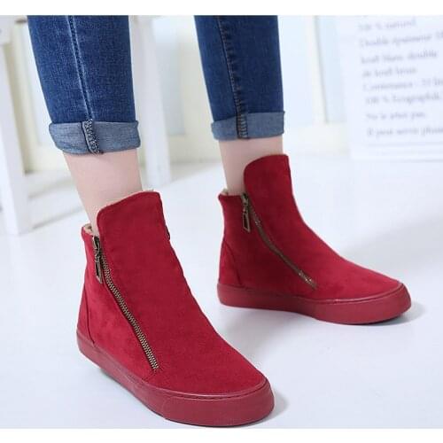Womens Winter Shoes Zip Warm Short Plush Ladies Ankle Boots Platform Woman Red Flat Shoes Female Footwear Snow