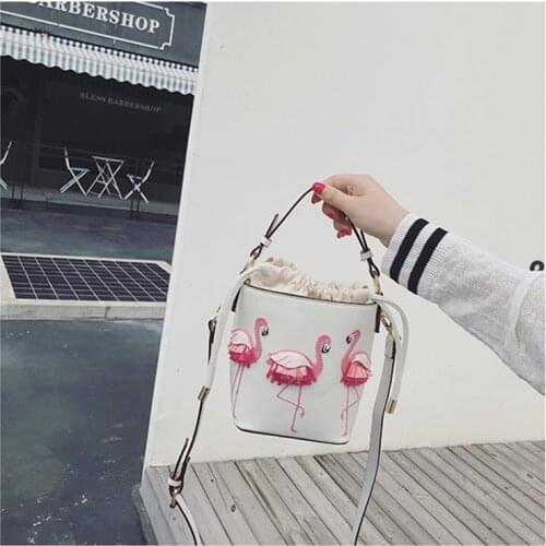 Designer Fashion Adorable Flamingo Bucket Bag Women PU Leather Drawstring Handbags Ladies Shoulder Crossbody Massage Purse