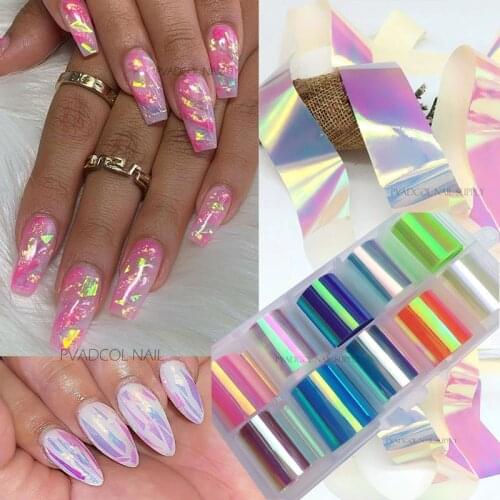 Nail Foils Broken Glass Nails Iridescent Holographic Mirror Foil Coloured Angel Paper Wraps Laser Tips Transfer Stickers Decals
