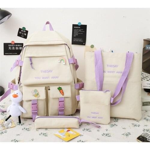 2021 4Pcs/set Canvas School Bags for Teenager Girls School Laptop Backpacks Women Travel Bags Student Book Bags Cute Rucksack 50