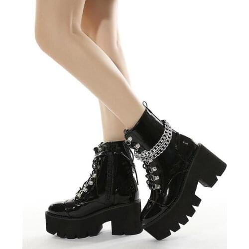 Patent Leather Lace Up Side Zipper Thick Platform Breathable Blace Classic Females Shoes 2022 New Women Ankle Motorcycle Boots