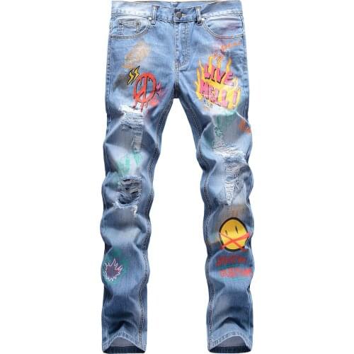 New mens male trousers Cross-border street hip-hop wind hole hand-painted paint color printing smiling face straight jeans men
