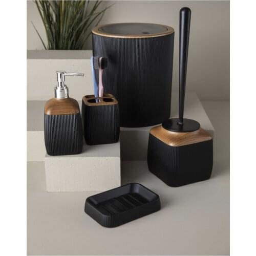 Wood Pattern Striped 5'li Bathroom Set-Black