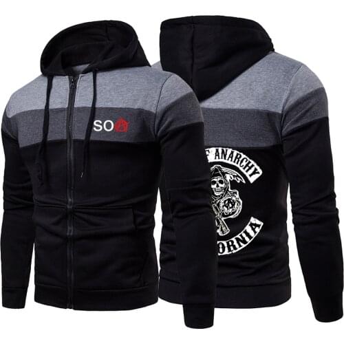 2021 New Sons Of Anarchy SOA SAMCRO Spring AutumnMen Custom Zipper Hooded Sweatshirt High Quality Splicing Hip Hop Tops
