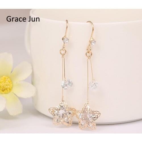 New Arrival Bridal AAA CZ Five-pointed Star Shape Clip on Earrings Non Piercing for Women Party Prom Long Pierced Earrings Gift