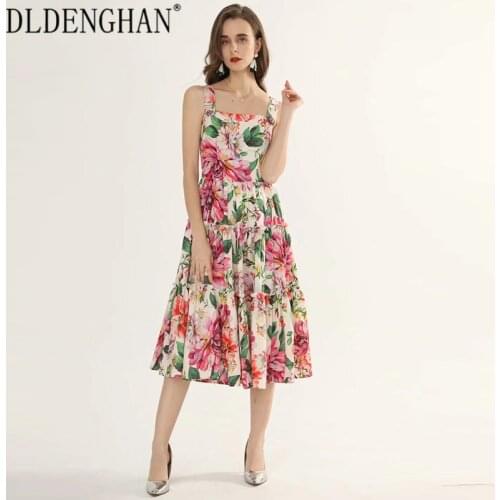DLDENGHAN Custom 2XL-5XL Fashion Flower Print Dress Womens Custom Button Big pendulum Party Dresses Designer Early autumn New