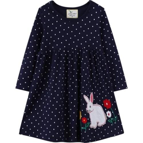 Jumping Meters Long Sleeve Bunny Embroidery Princess Party Girls Dresses Autumn Spring Baby Dots Princess Party Birthday Kids