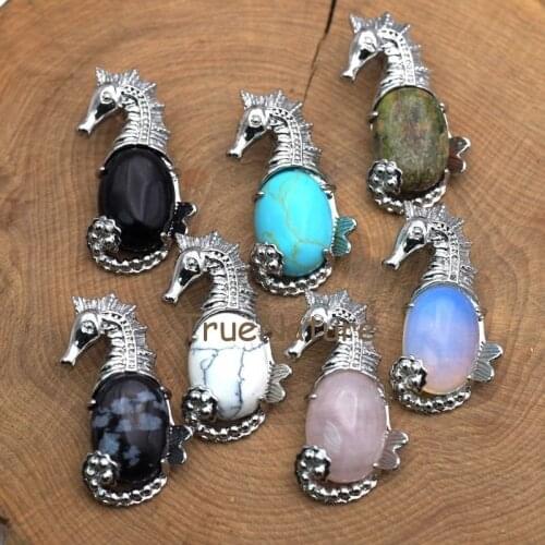 Silver Finish Sea Horse Pendant Oval Shape Charm Seahorse Pendant Necklace Rose Quartzs Onyx Unakites In 19*37 mm PM7809