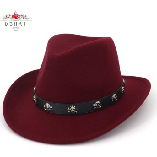 QBHAT Party Carnival Fashion Men Women Wool Felt Cowboy Fedora Hats Skull Leather Decorated Adults Jazz Formal Gangster Hat