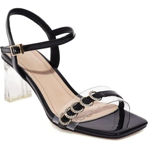 QPLYXCO Women Sandals 2021 Pumps Genuine Leather High Heels Open Toe Transparent Rivet Chunky Heels Party Wedding Shoes 3805