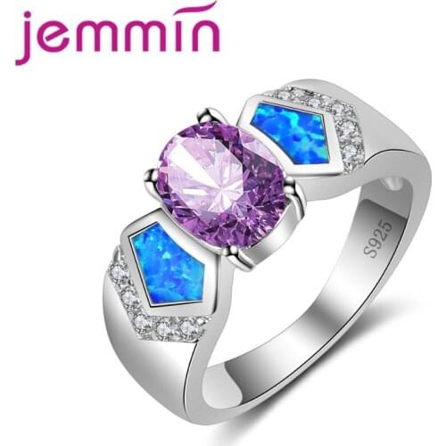 Luxury Fashion Purple Crystal Jewelry Statement Clear Sparkling Rings for Women Blue Fire Opal Ring 925 Sterling Silver