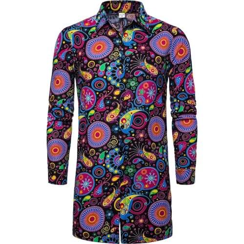 Mens Print Casual Shirt Men Long Sleeve Turn-Down Collar Shirts Male Button Up Tops