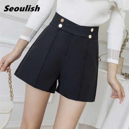 Seoulish 2021 New Formal Womens Shorts Cross Button High Waist Office Casual Workwear Female Wide Leg Shorts Spring Summer