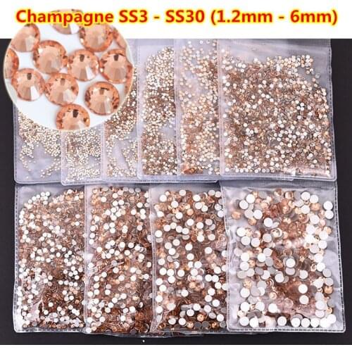 All Sizes Champagne ss3 Nail Art Rhinestones Flatback Non HotFix Rhinestone For DIY, Nail Art Decorations, Garment Accessories