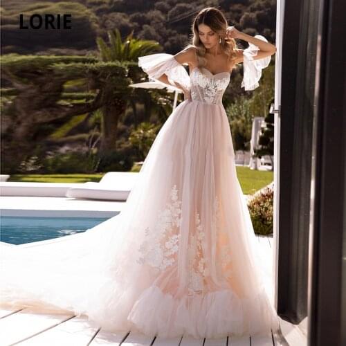 LORIE Pink Wedding Dresses Off the Shoulder Ruffles Sleeve Lace Appliques Bridal Gown Beach Wedding Gown Cathedral/Royal Train