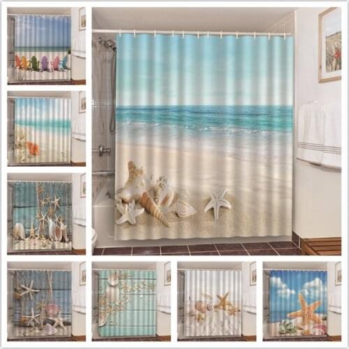 Waterproof Conch Starfish Blue Sea Beach Printing Bathroom Shower Curtains Prevent Peeping Bath Blackout Screen Door Curtain Hot