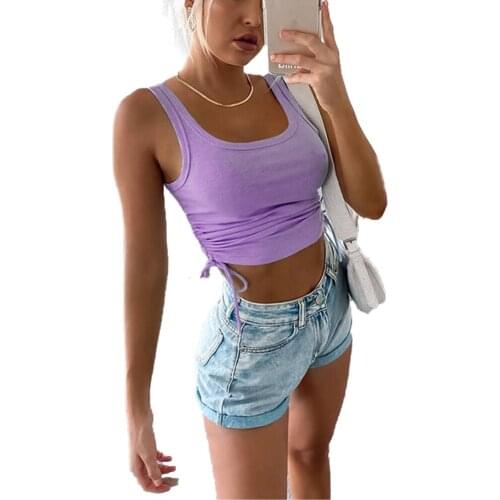 Womens Sexy Drawstring Tops Solid Sleeveless Basic Knitting Tanks Casual Deep O-Neck Short Camisole Purple/White