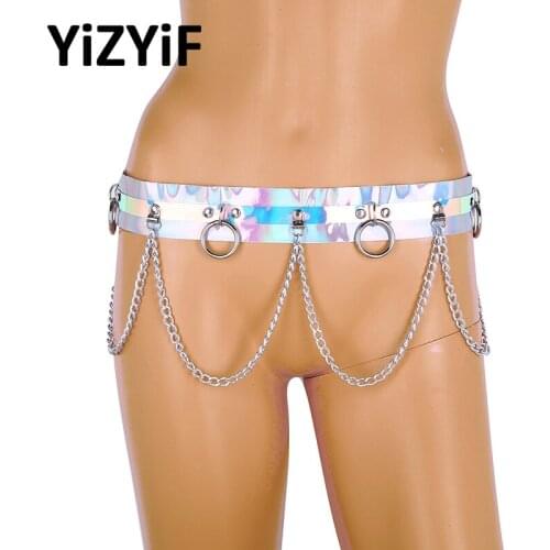 Women Punk Shiny Wetlook Dazzle Colour PVC Harness Waist Belts Metal Chains Body Waist Harness Belt Waistband Decoration Belts
