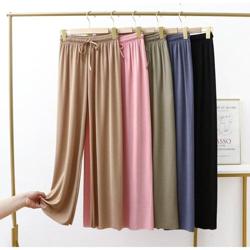 Women Summer Thin Ice Silk Knit Trousers Seamless Drape Wide Leg Loose Pants Casual Elastic Waist Big Size Pants