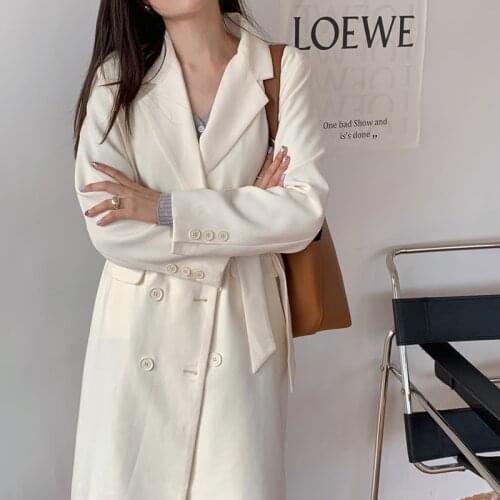 2021 Women Autumn Beige Long Trench Coat with Waist Belt Double Breasted Vintage Windbreaker Outerwear