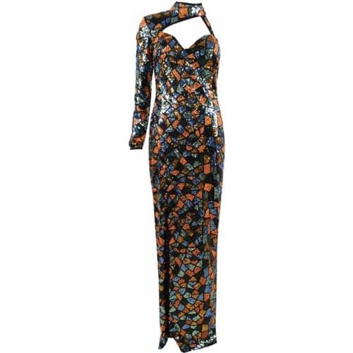 Sexy High Neck One Shoulder Hollow Backless Color Sequin Bodycon Dress Vestidos Womens Celebrity Party Dress 2020 New Clothing