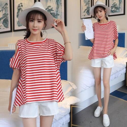 2019 Pregnant Women Suits Summer Wear Loose Cotton Short Sleeve Shoulderless Blouse+belly Shorts Twinset Maternity Clothes Set