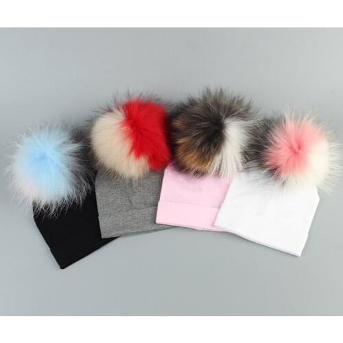 3 Tone Color Pompom Newborn Baby Beanies Girls Boys Kids Plain Cotton Hat Cotton Candycolor Hats Patchwork Raccoon Pompom