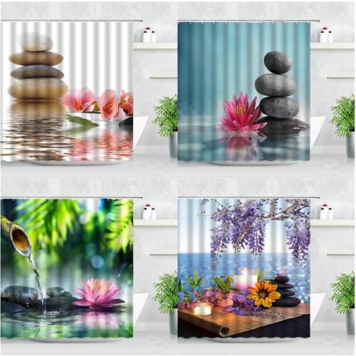 3D Stone Zen Garden Shower Curtain Set Pink Lotus Candle SPA Waterproof Polyester Bathroom Decor Accessory Fabric Bath Curtains