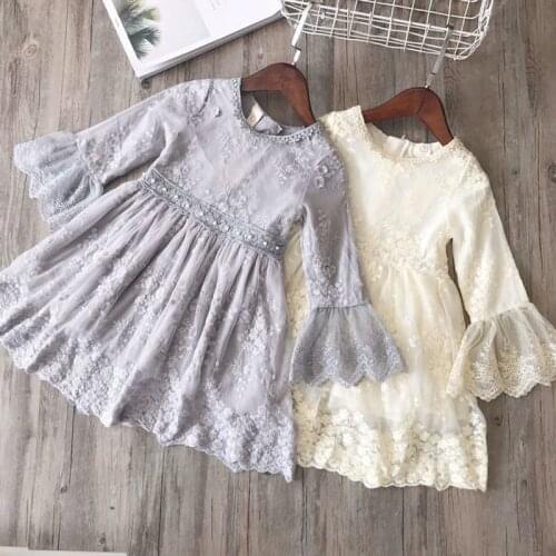Kids Princess Dress, Girls Floral Embroidery Round Collar Long Sleeve One-Piece Gown for Summer Fall, Beige/Gray