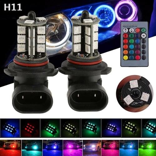 2 Pcs H11 5050 LED 27 SMD RGB Car Headlight Fog Light Lamp Bulb with Remote Control+24keys Remote Controller