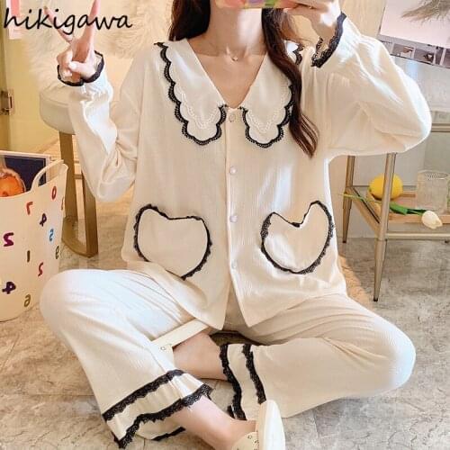 Hikigawa 2021 Pajamas for Women Swwet Cute Womens Home Clothes Long Sleeve Patchwork Lace Cotton Pantsuits 2 Piece Suit Female