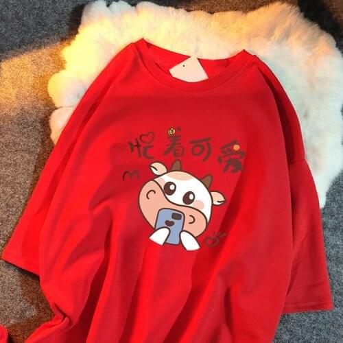 Cotton large womens summer new round neck short sleeve T-shirt loose casual top