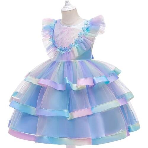 Girl Summer Dress For 4-10 Years Girls Kids Birthday Party Princess Blue Ballgown Dresses Children Flower Gown Costume Clothes