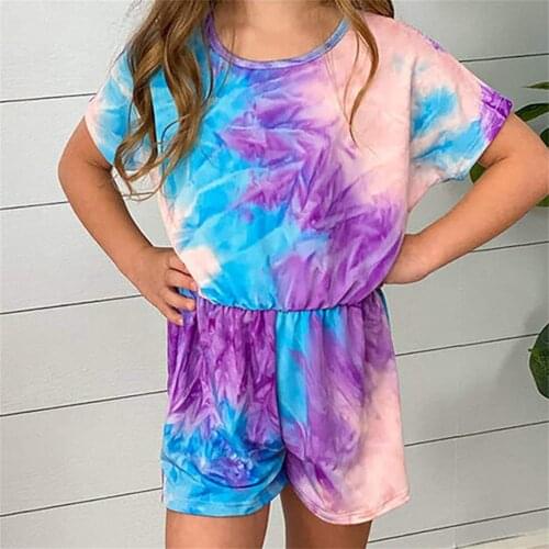 3-12Years Kids Girls Summer Set Short Sleeve Tie-Dye Short Jumpsuit Pants Bodysuit For Children Girls Casual Sports Clothing Set