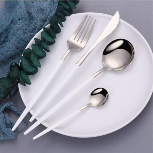 Tableware White Silver Stainless Steel Cutlery Set Dessert Fork Tea Spoon Dinner Knife Dinnerware Set Kitchen Utensils Flatware