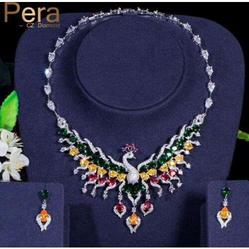 Pera Luxurious Big Statement Peacock Shape AAA+ Multicolor Cubic Zirconia Necklace and Earrings Women Wdding Jewelry Sets J003