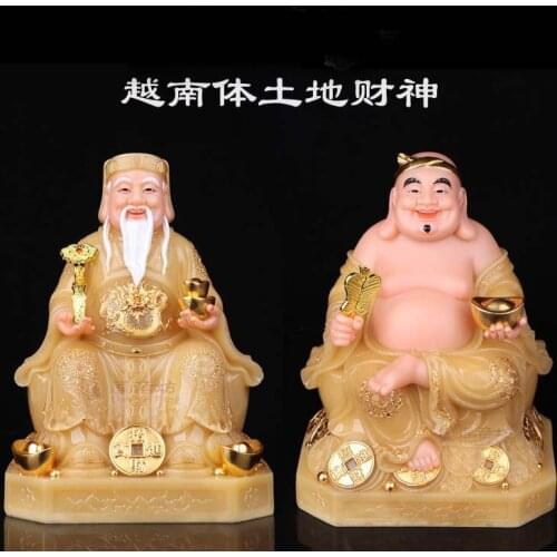 A pair 2P gilding jade BUDDHA figure Vietnam HOME shop Prosperity protection God of wealth CAI SHEN TU DI GONG FENG SHUI statue