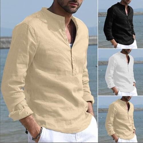 Mens Long Sleeve Buttons Collar Shirts Cotton Linen Casual Breathable Comfort Shirt Fashion Style Solid Male Loose Streetwear