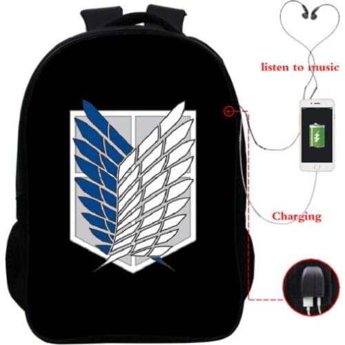 Anime Backpack Attack on Titan Backpack Bag Canvas Rucksack USB Fashion Port Headphone Anime Book Bag Laptop mochila feminina