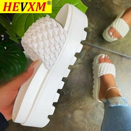 HEVXM 2021 Summer Sandals Open Toe Mid Heel Fashion Woven Slippers Solid Color Outdoor Womens Shoes Plus Size 43