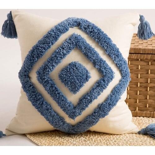 Papa&Mima Blue Plaids 3D Quilted Cotton Linens Soft Square Knitted Cushion Covers Protective No Core for Sofa Chair Car