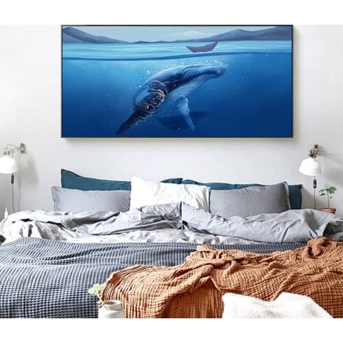 Nordic Whale Blue sea Marine Animal Canvas Art Print Minimalist style Nursery Art Prints Anime Poster Modern Abstract Wall Decor