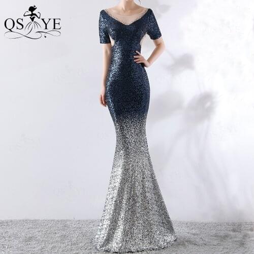Bead Mermaid Long Prom Dress Short Sleeves V-neck Sequined Fade Elegant Vestido De Festa De Gala Longo Abiye Gece Elbisesi