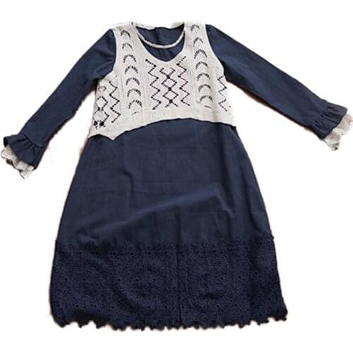 Mori Girl Hippie Boho Vintage Retro Lace Ruffle Crochet Two Piece Set Dress Cotton Linen Long Sleeve Women Autumn Dress Vestidos