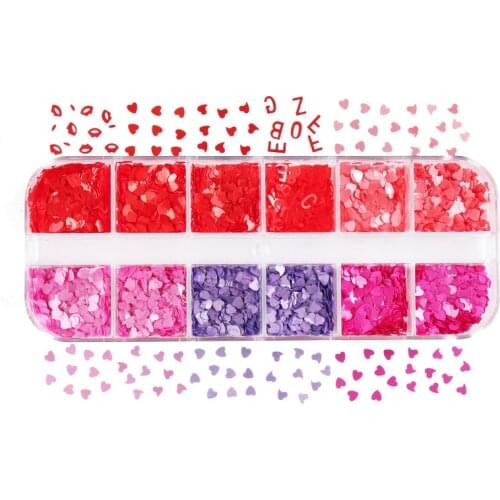 12 Grids Heart Nail Glitter Flakes 3D Laser Sweet Love Alphabet Paillette Sequins Holo Design DIY Nail Art Decoration Manicure