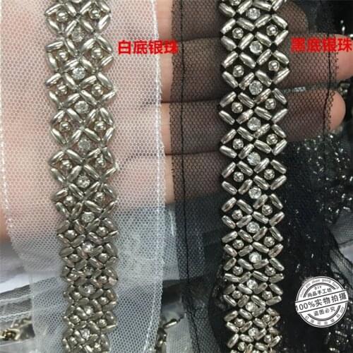 2Yards Silver Metal Beaded Lace Trim Pearl Rhinestones Mesh Lace Applique Diy Accessories Clothes Bags Shoes Sewing Supplies