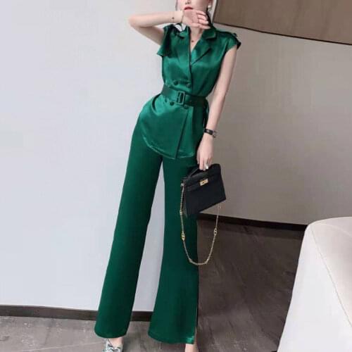 Women 2021 Summer Fashion Two Piece Sets Female OL Sleeveless Blouse Top + Wide Leg Pants Suit Ladies Elegant 2 Piece Set U236