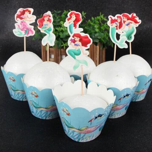 24pcs Mermaid Princess Ariel Cupcake Wrappers+Toppers Set Kids Girls Birthday Party Supplies Cake Baking Party Decoration